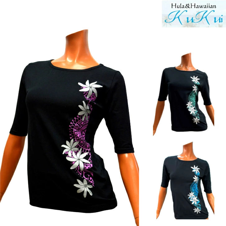 KuKui オリジナル 5分袖 Tシャツ(ティアレ&ポリネシアン)